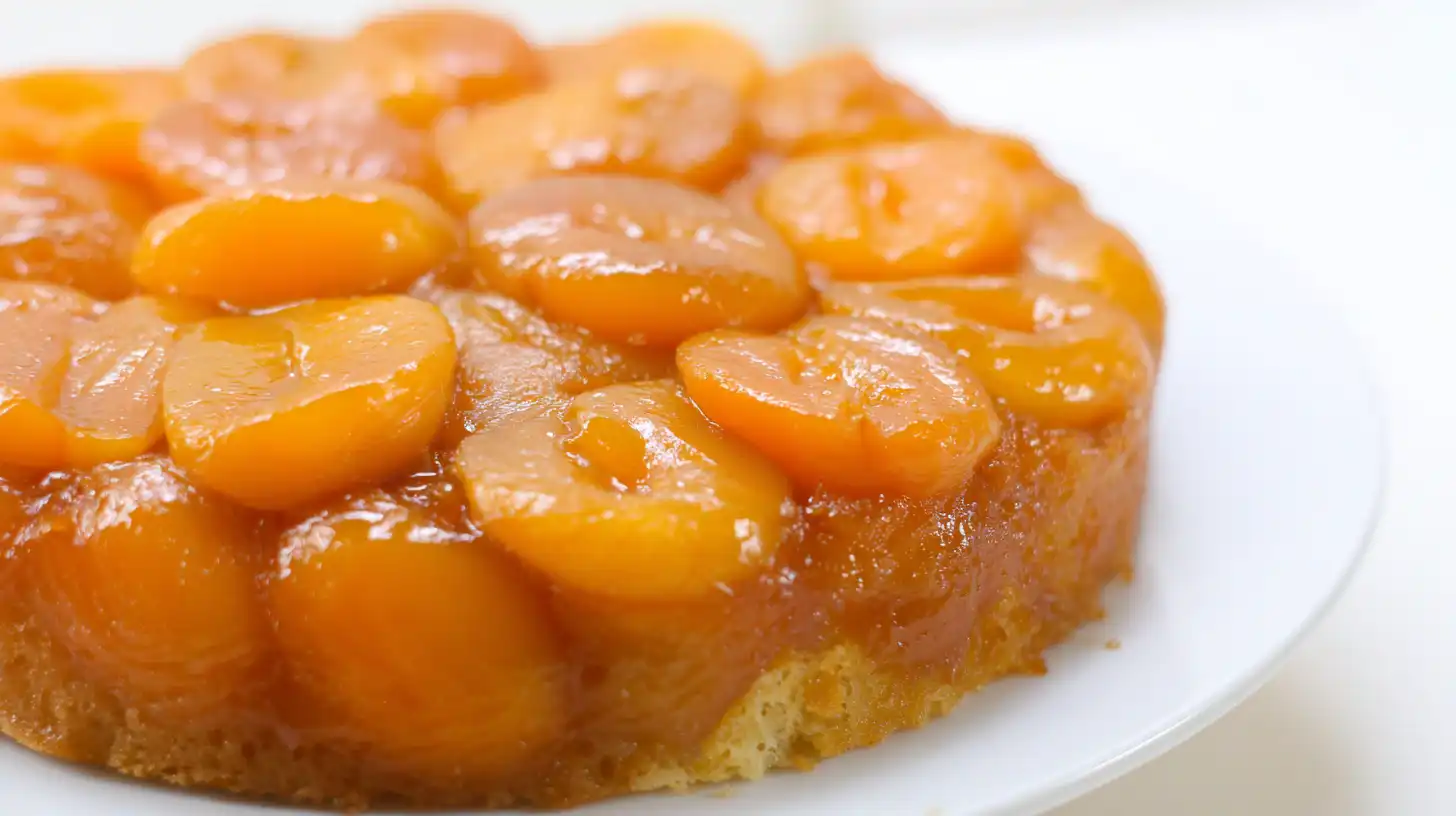 step4-apricot-cake-cool-flip Classic apricot upside-down cake glazed with apricot jam. Easy canned apricot dessert recipe with glossy fruit topping. Home baking for beginners with Mary Berry-inspired recipes.