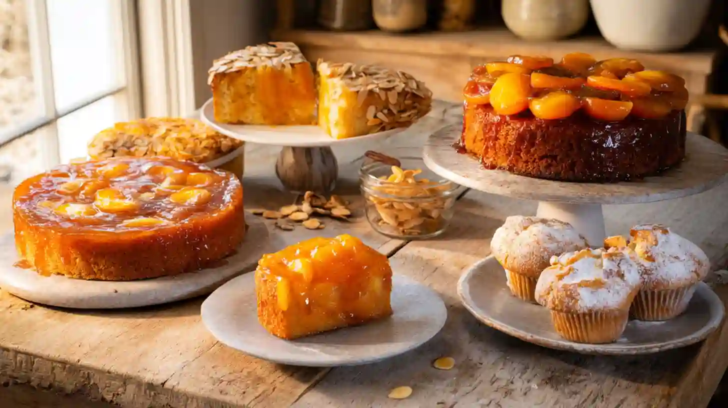 variations of Mary Berry’s apricot cake Five variations of Mary Berry’s apricot cake including upside-down, almond, and apple versions displayed on a rustic table with a cozy homemade feel.
