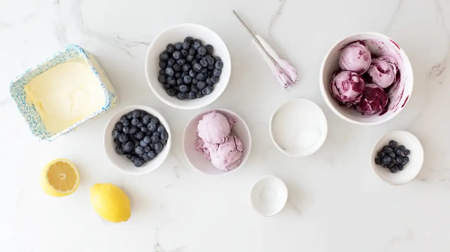 BLUEBERRY & VANILLA SWIRL ICE CREAM PARFAIT ingredients ingredients for BLUEBERRY & VANILLA SWIRL ICE CREAM PARFAIT on kitchen counter