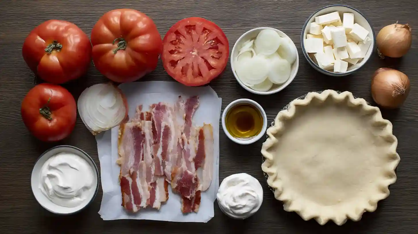 Comforting-bacon-onion-tomato-pie-ingredients Ingredients for Comforting Bacon Onion Tomato Pie laid out