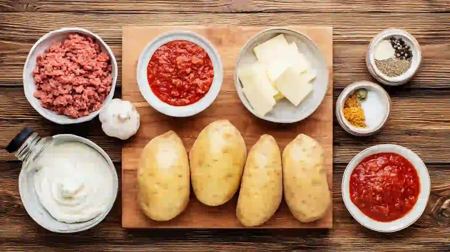 Delicious-lasagna-baked-potato-Recipe-ingredients ingredients for Delicious Lasagna Baked Potato Recipe on board