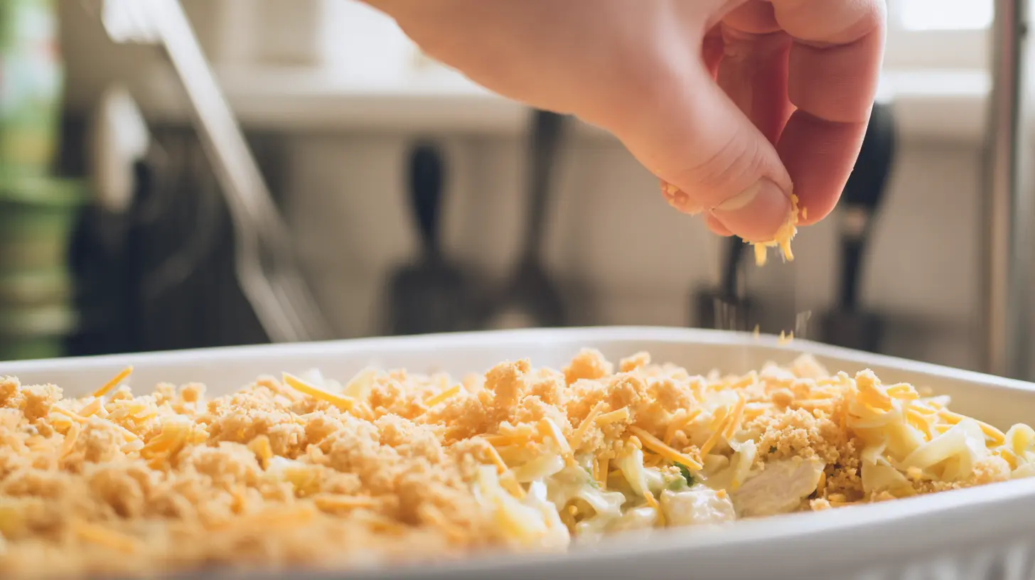 Dollys-casserole-topping-before-bake Dollys Creamy Chicken Noodle Casserole with cheese and crackers