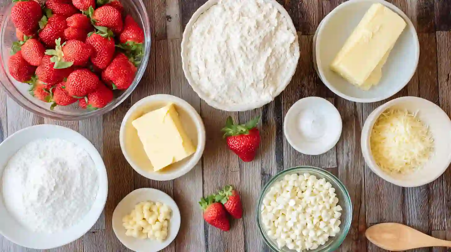 Easy-strawberry-earthquake-cake-Recipe-ingredients Ingredients for Easy Strawberry Earthquake Cake Recipe on wooden counter
