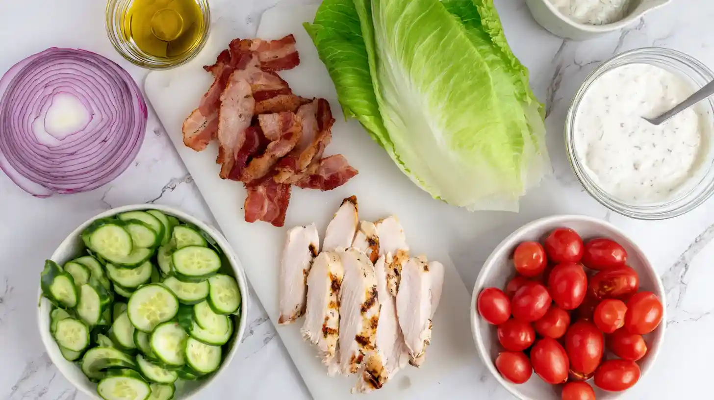 Grilled Chicken & Bacon Cucumber BLT Salad ingredients ingredients for grilled chicken & bacon cucumber BLT salad