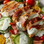 grilled chicken & bacon cucumber BLT salad in a rustic bowl serving in plat
