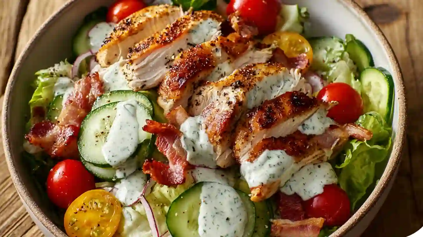 Grilled Chicken & Bacon Cucumber BLT Salad serving grilled chicken & bacon cucumber BLT salad in a rustic bowl serving in plat