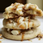 Irresistible white chocolate caramel chunk cookies stacked with gooey centers