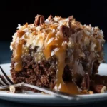 slice of Irresistible German Chocolate Poke Cake Recipe with caramel drizzle