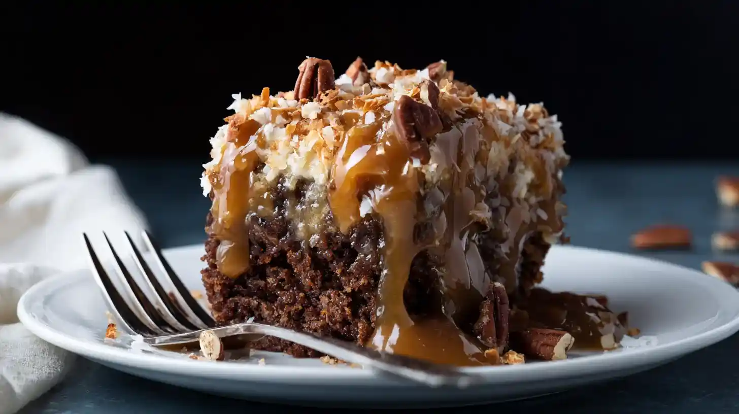 Irresistible-german-chocolate-poke-cake-Recipe-slice-serving slice of Irresistible German Chocolate Poke Cake Recipe with caramel drizzle