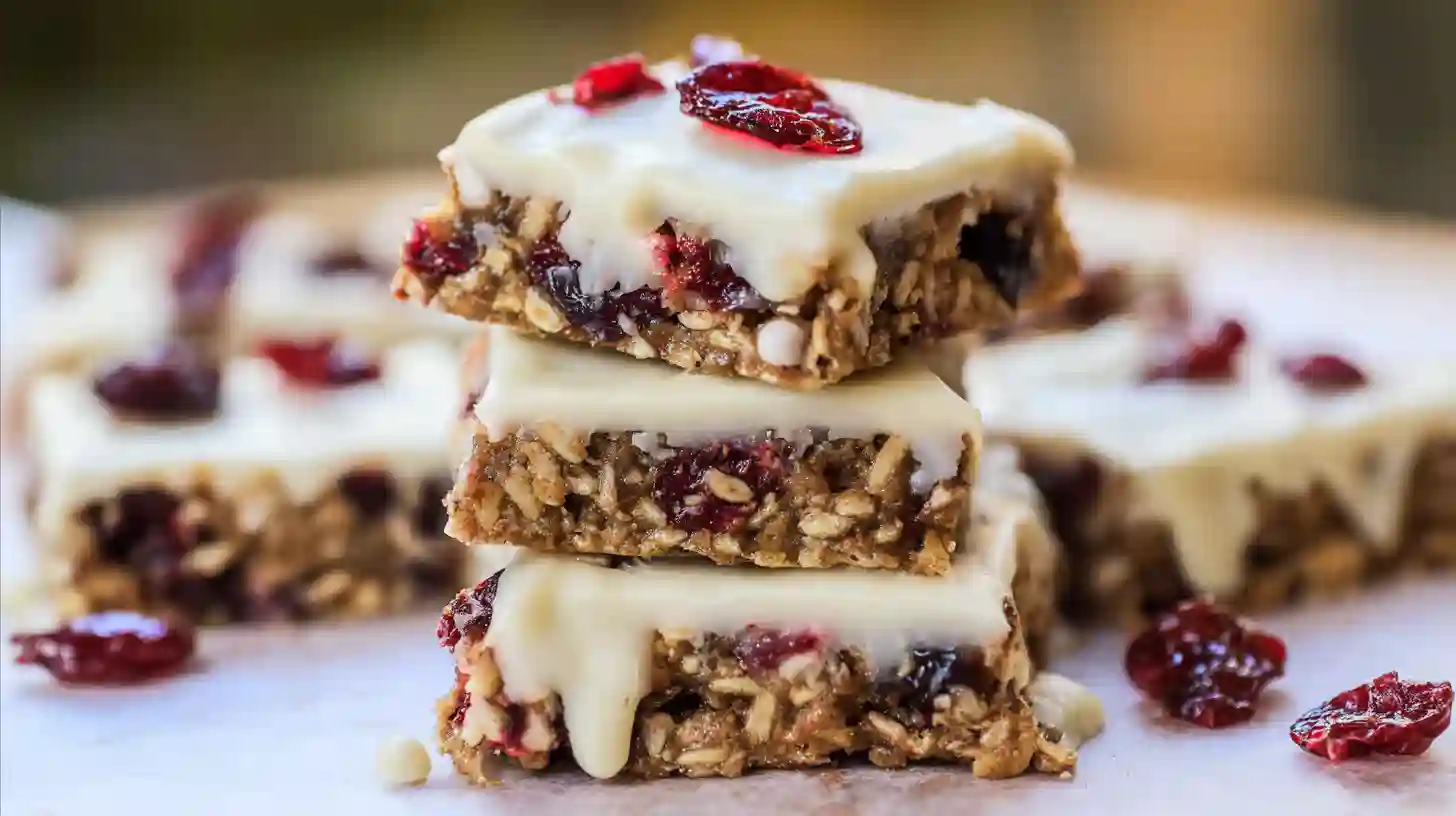 No-Bake-white-chocolate-cranberry-Oat-clusters-Serving stack of chilled cranberry No-Bake White Chocolate Cranberry Oat Clusters