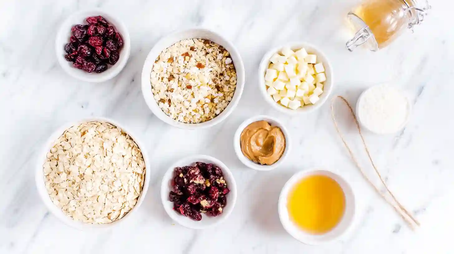 No-Bake-white-chocolate-cranberry-Oat-clusters-ingredients ingredients for No-Bake White Chocolate Cranberry Oat Clusters