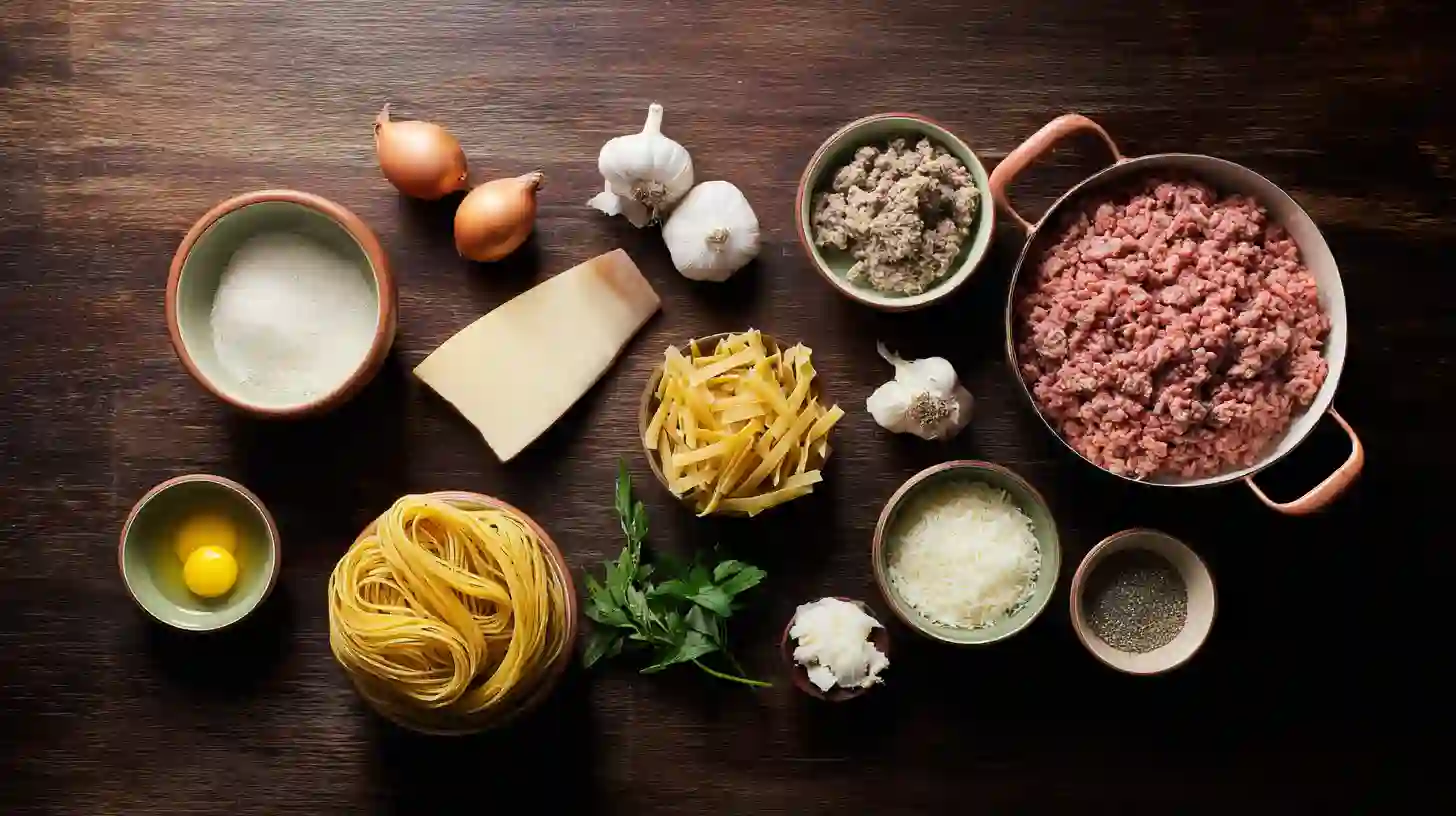 One-Pot-creamy-beef-and-garlic-butter-pasta-ingredients Ingredients for One-Pot Creamy Beef and Garlic Butter Pasta arranged on wooden counter