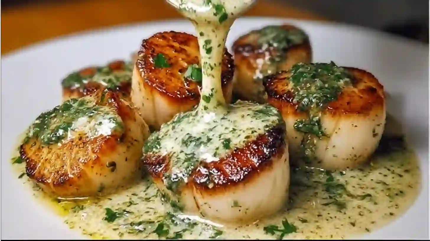 Sizzling-Scallops-with-Zesty-Lime-Cilantro-Sauce-served served Sizzling Scallops with Zesty Lime Cilantro Sauce with lime cilantro sauce and herbs