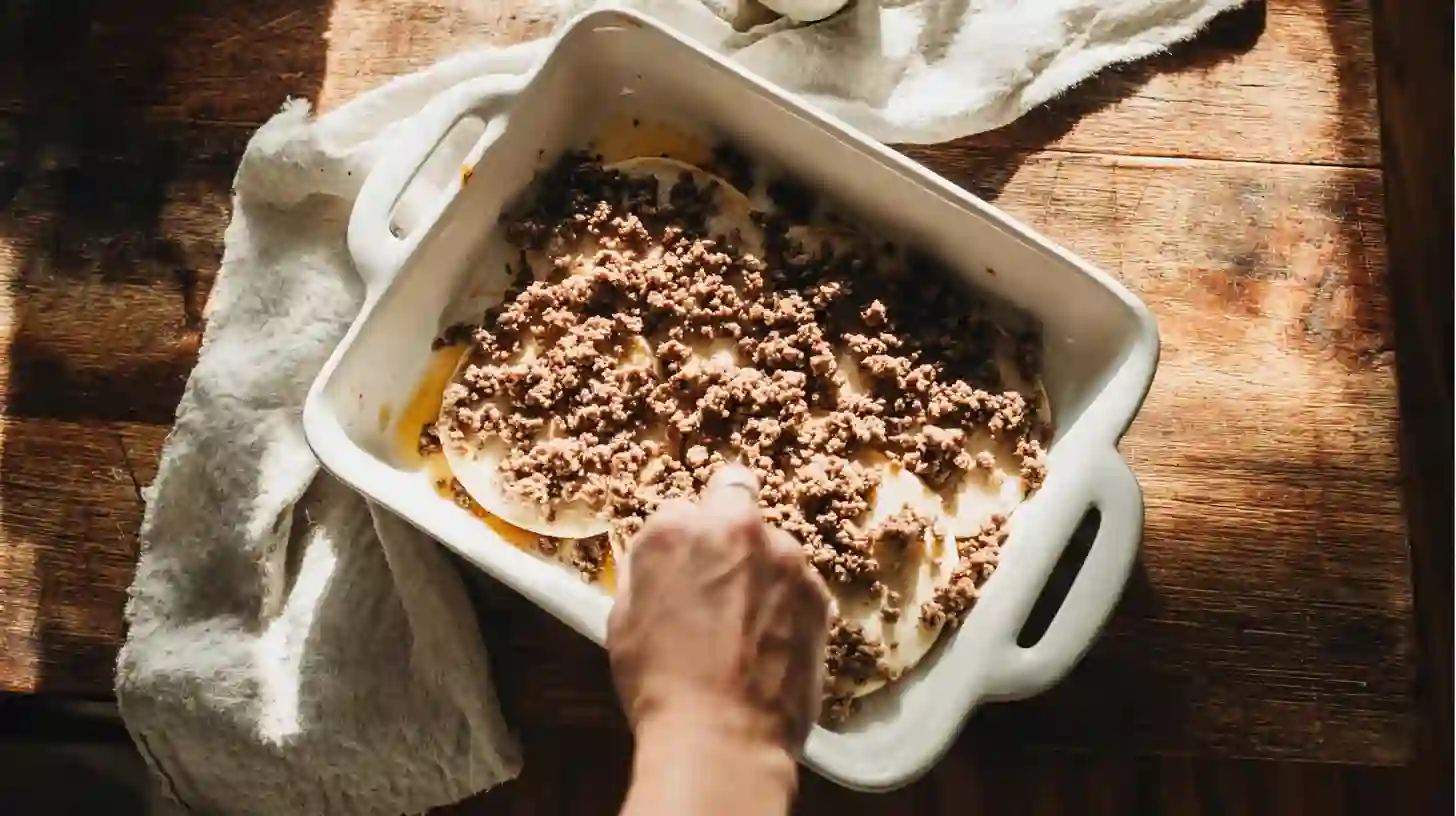 assemble-pancake-sausage-breakfast-bake-step5 layering pancakes and sausage in baking dish for breakfast bake