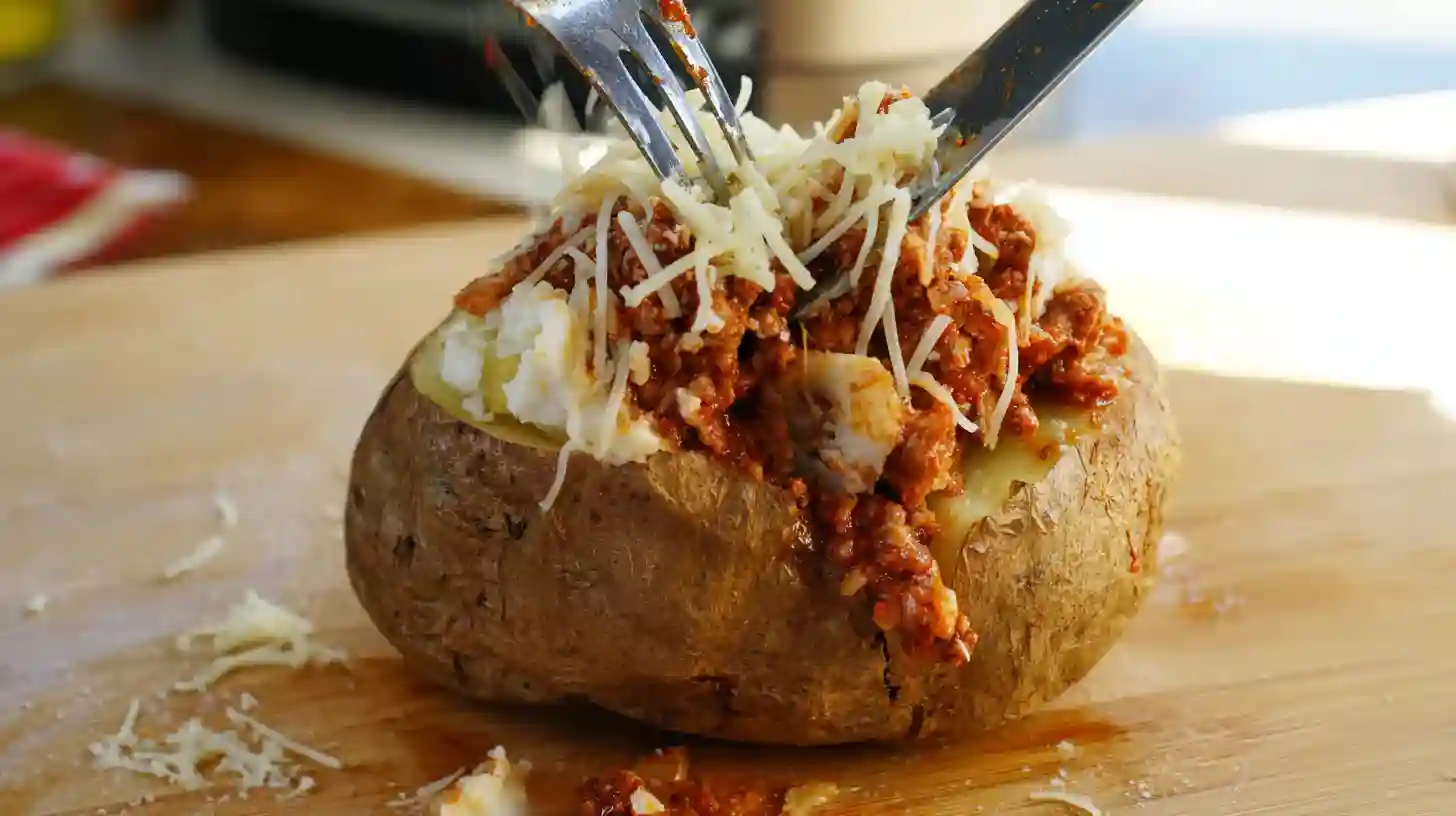 assembling-Delicious-lasagna-baked-potato-Recipe layering ricotta and meat sauce inside baked potato