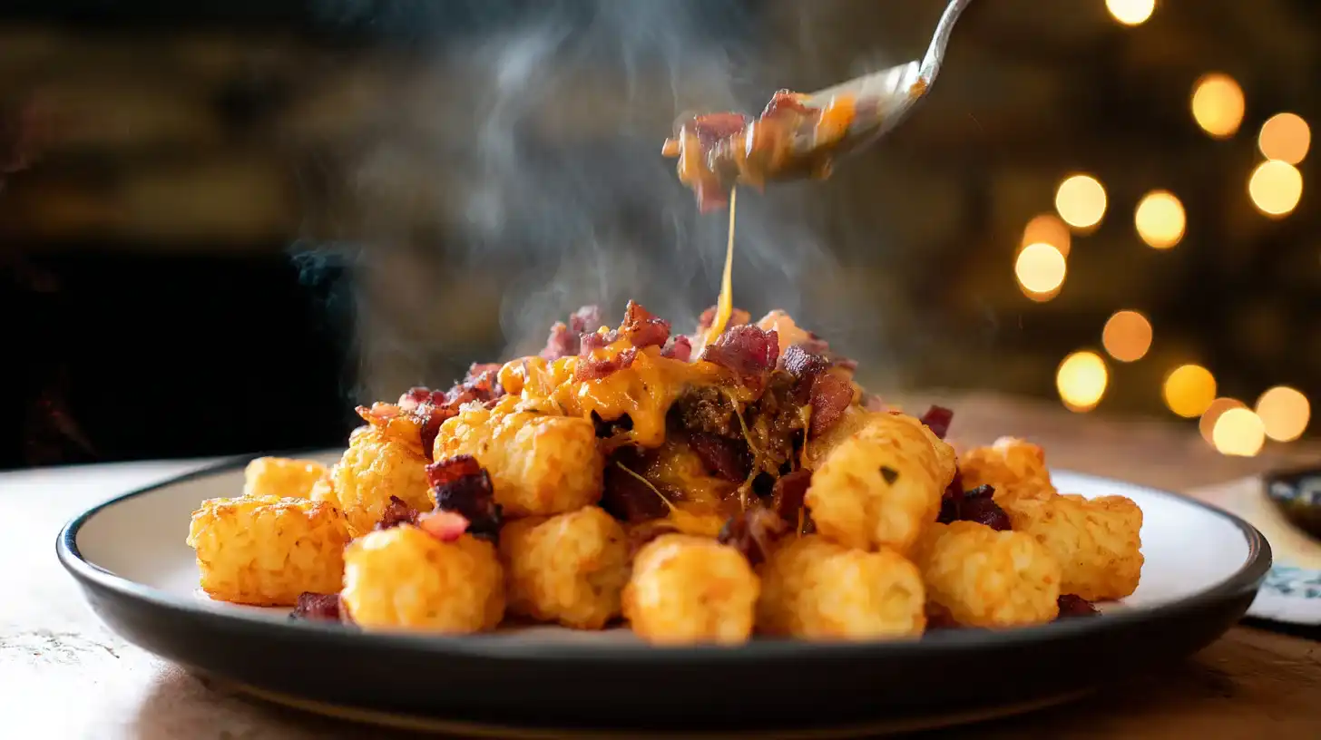 assembling-loaded-cheeseburger-tater-tots Assembling loaded tater tots with beef, cheese, and bacon