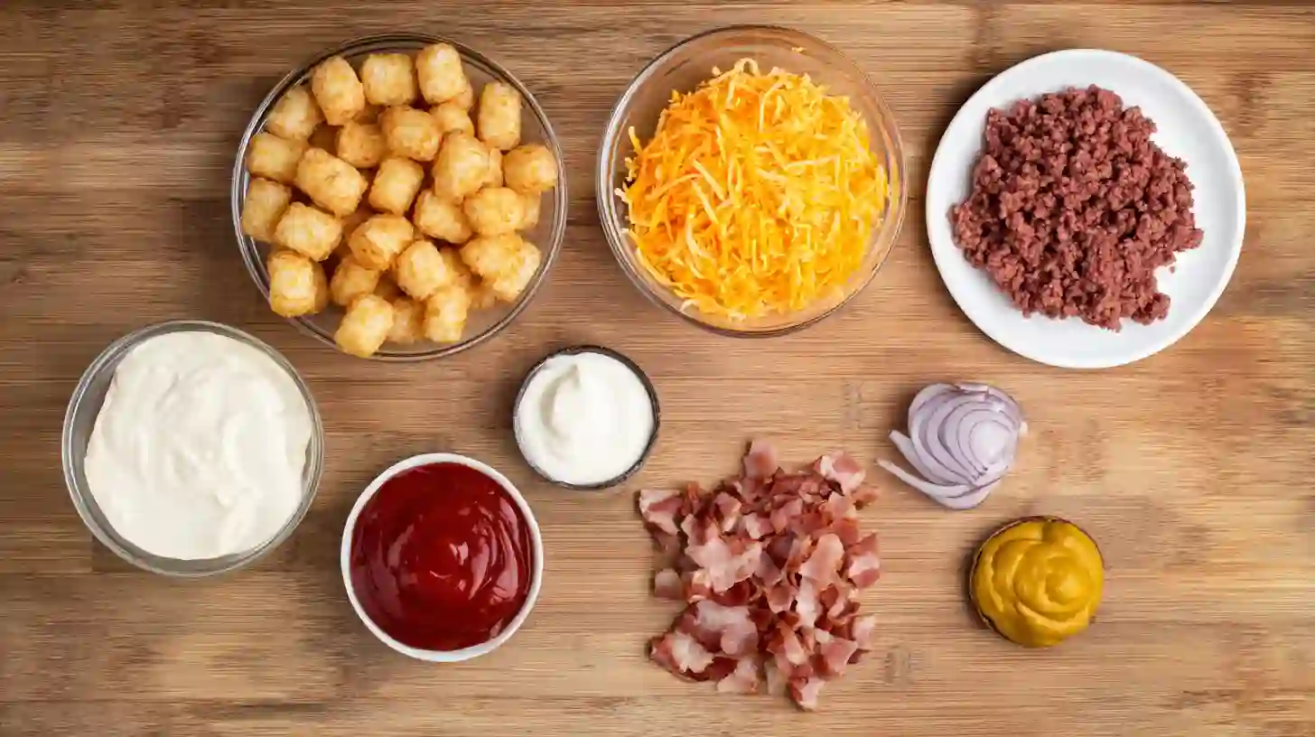 bacon-cheeseburger-Stuffed-Tater-tot-Cones-ingredients Ingredients laid out for Bacon Cheeseburger Stuffed Tater Tot Cones