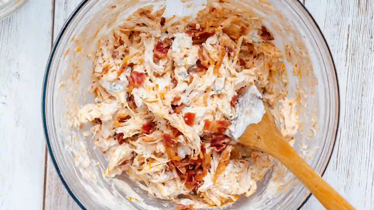 bacon-ranch-chicken-casserole-step1 Mixing bacon ranch chicken casserole filling