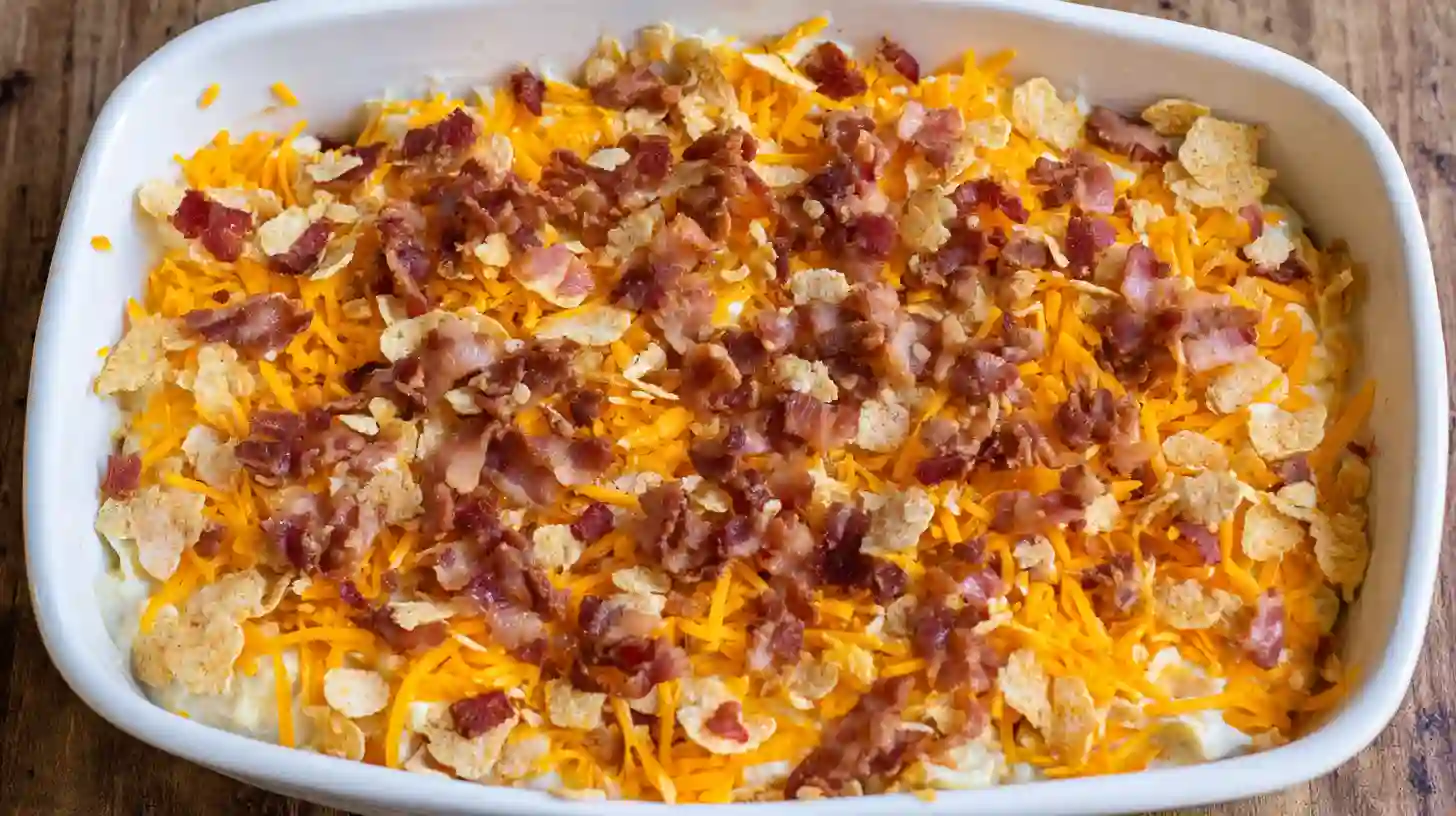 bacon-ranch-chicken-casserole-step2 Casserole topped with cheese, bacon, and chips