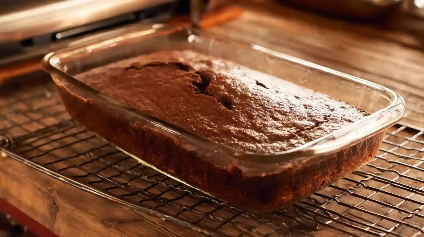 bake-Irresistible-german-chocolate-poke-cake-Recipe-step freshly baked Irresistible German Chocolate Poke Cake Recipe in a 9x13 glass pan