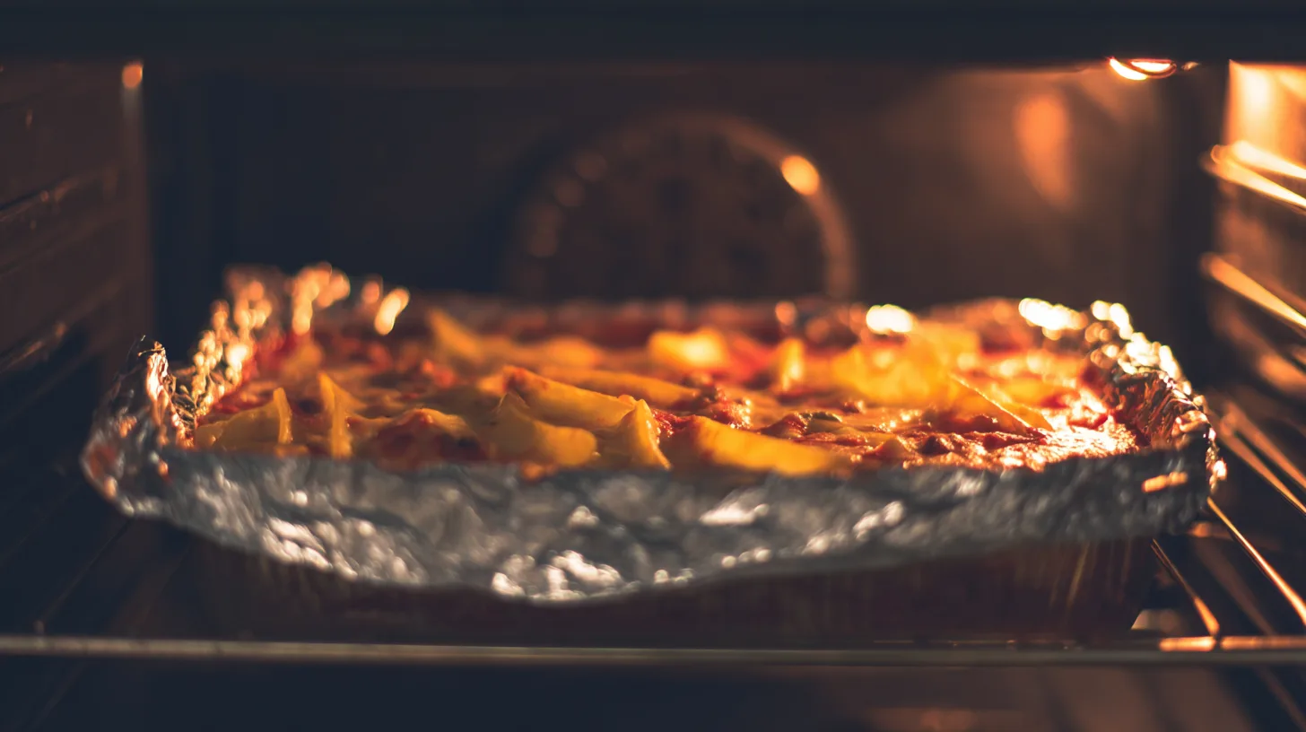 bake-pizzagna-cheese-golden-brown Pizzagna baking in oven with golden bubbly cheese