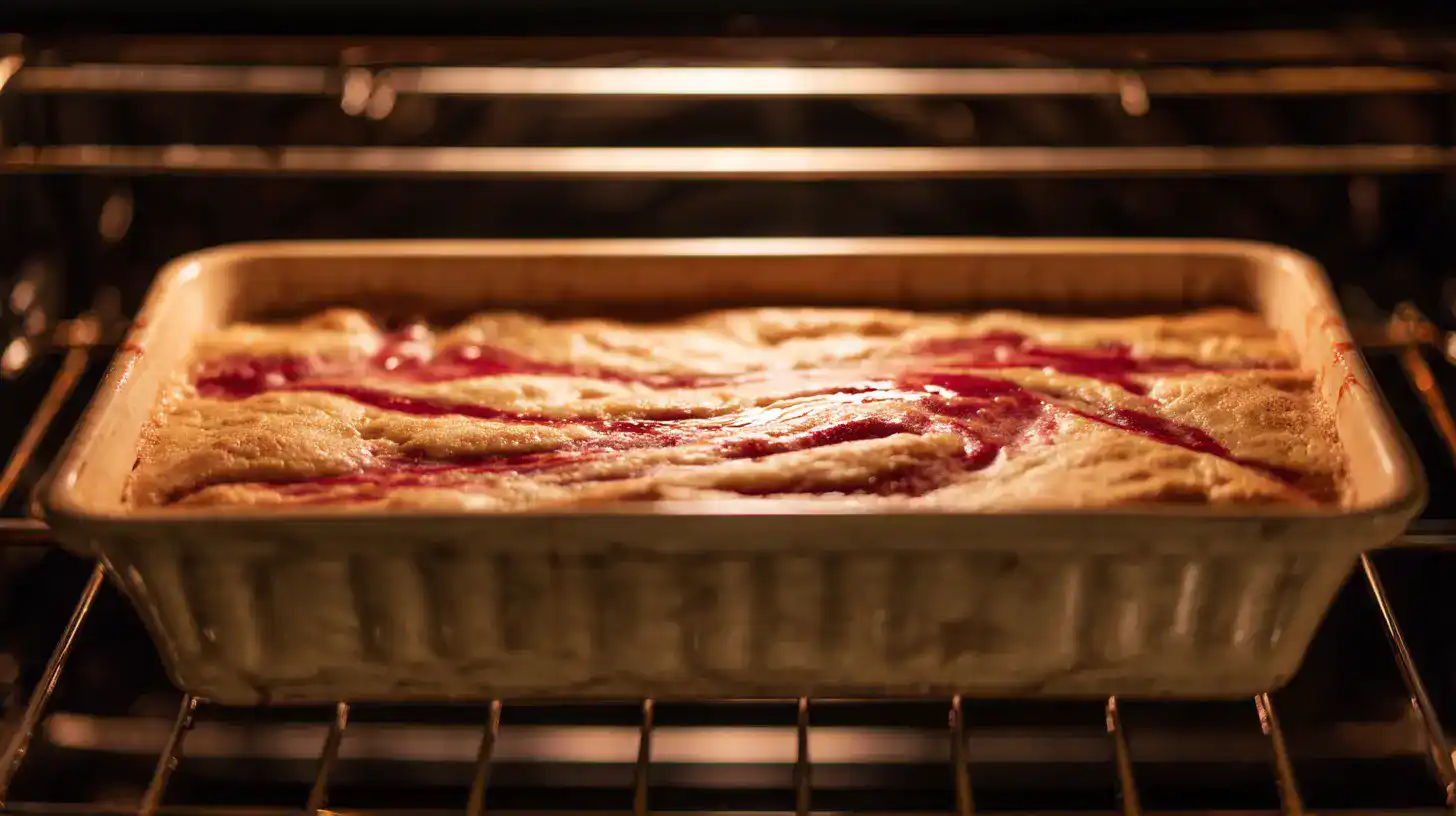 baking-Easy-strawberry-earthquake-cake-Recipe-cracked-top Easy Strawberry Earthquake Cake Recipe with cracked golden top baking in oven
