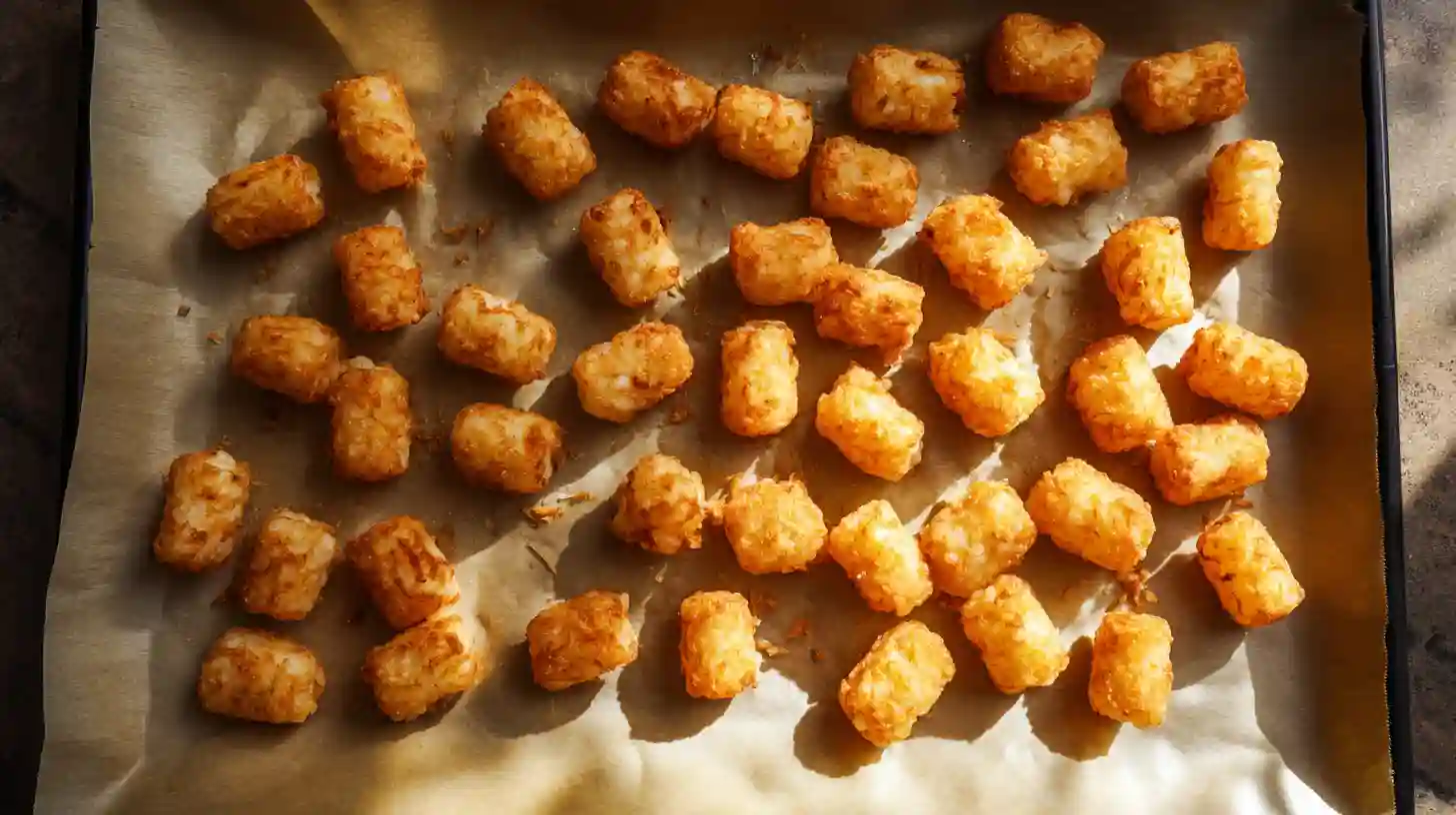 baking-crispy-tater-tots-oven Golden baked tater tots on parchment-lined baking sheet