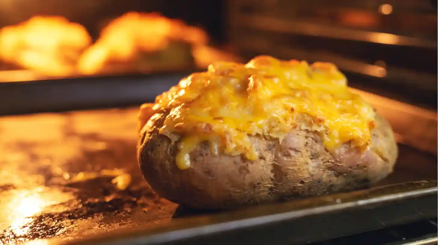 baking-lasagna-baked-potato cheesy lasagna baked potato baking in oven