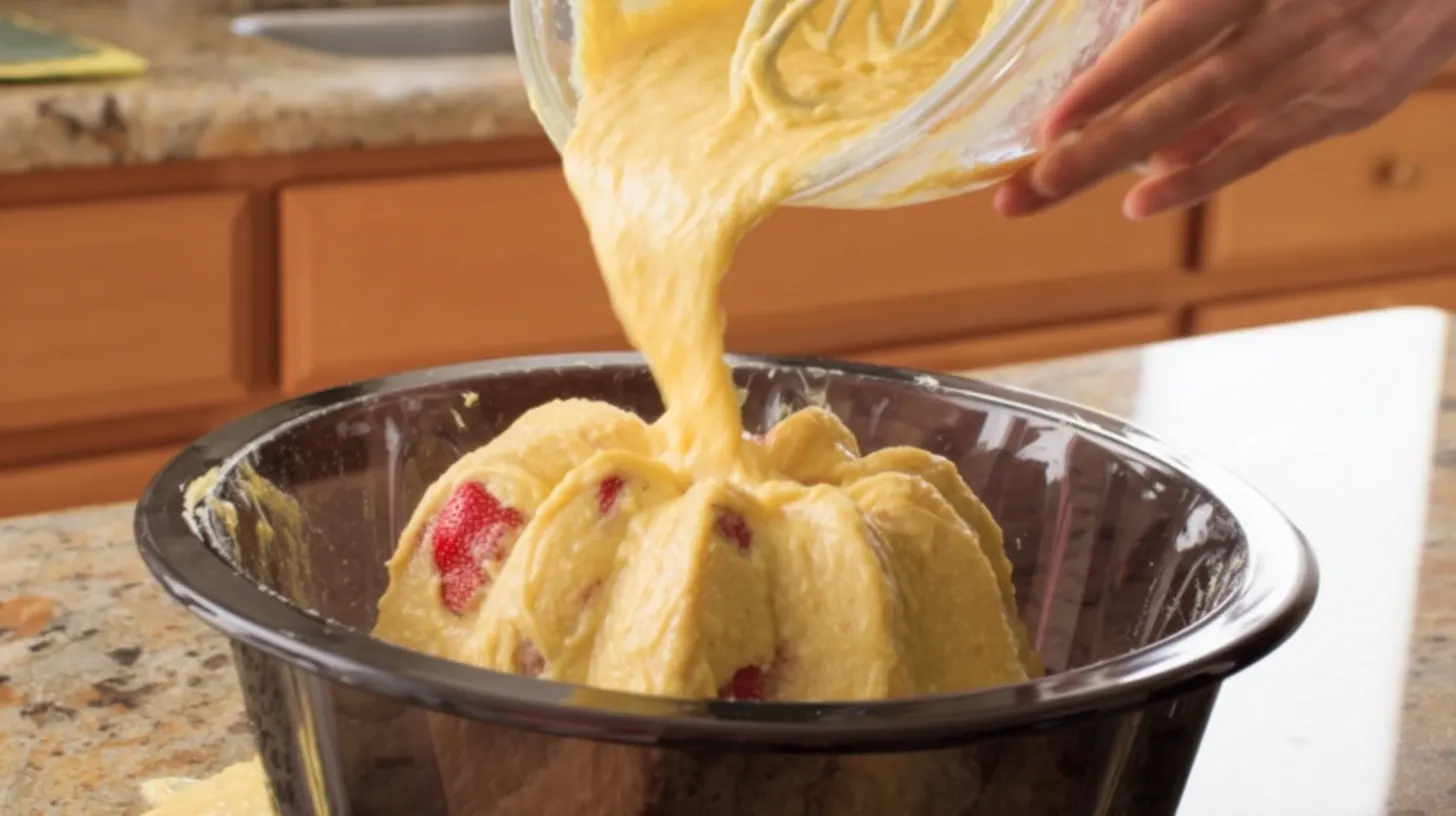 baking-strawberry-pineapple-pound-cake-bundt-pan-step5 Pouring thick strawberry pineapple cake batter into a floured Bundt pan in a sunlit kitchen – perfect image for high CPC baking recipes and easy dessert tutorials