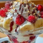 layered banana berry chocolate parfait sundae in glass