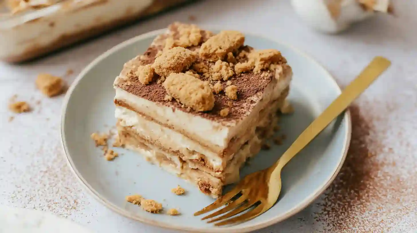 biscoff-lasagna-Recipe-serving Slice of Biscoff lasagna on plate with crushed biscuit topping