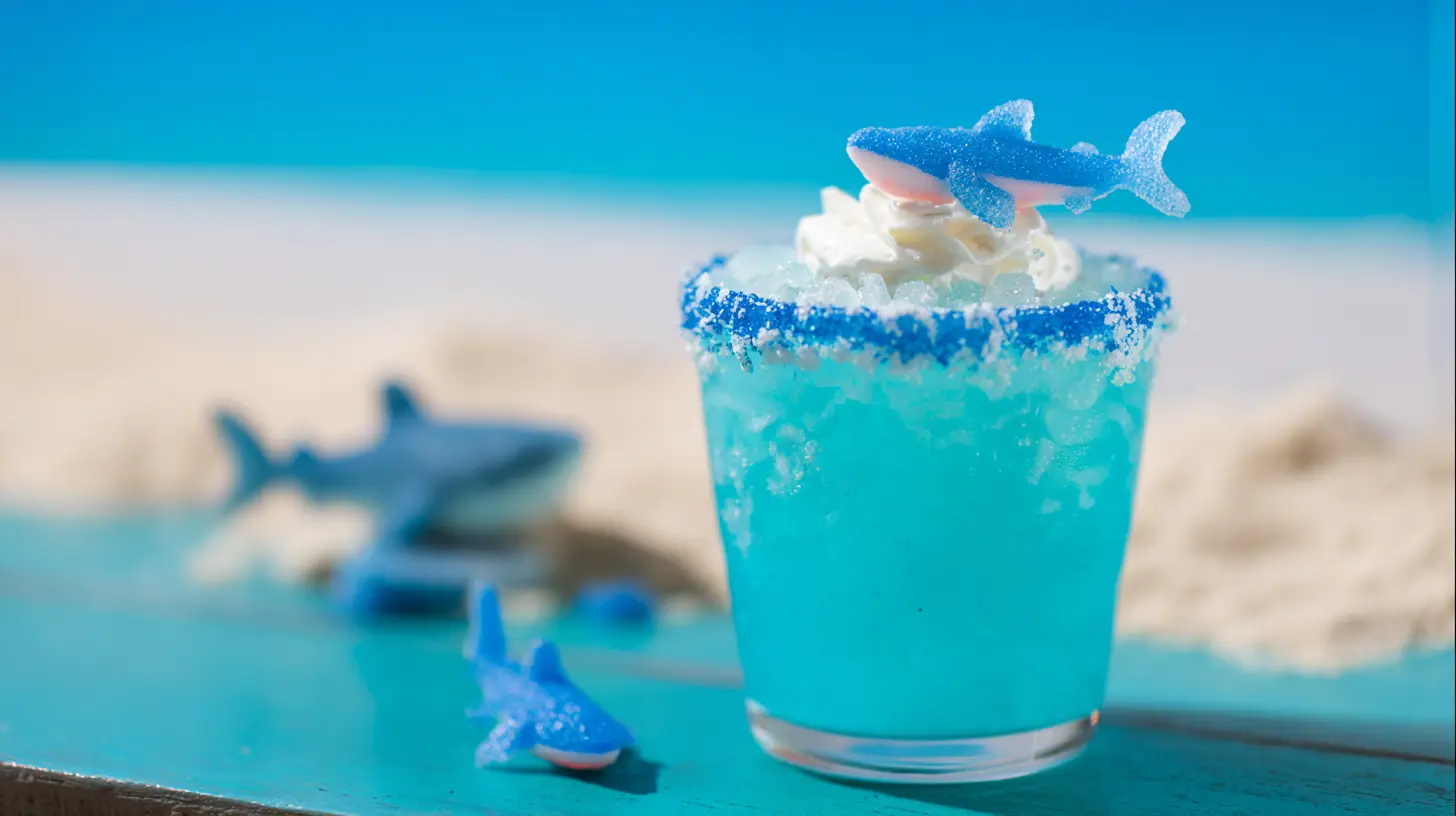 bite-me-baby-shark-cocktail-featured2 A tropical blue Bite Me Baby Shark cocktail in a clear glass with a sugared rim, topped with whipped cream and a blue gummy shark, set against a beach and ocean background.