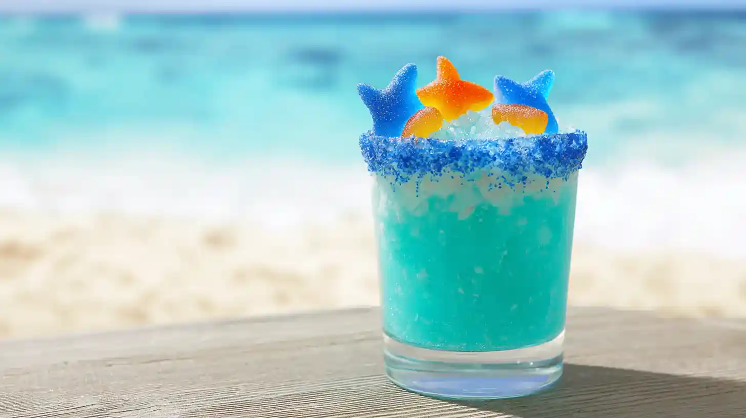 bite-me-baby-shark-cocktail-featured33 A bright blue tropical Bite Me Baby Shark Cocktail in a clear glass with a sugared rim, topped with colorful gummy sharks, set against a sunny beach and turquoise ocean.