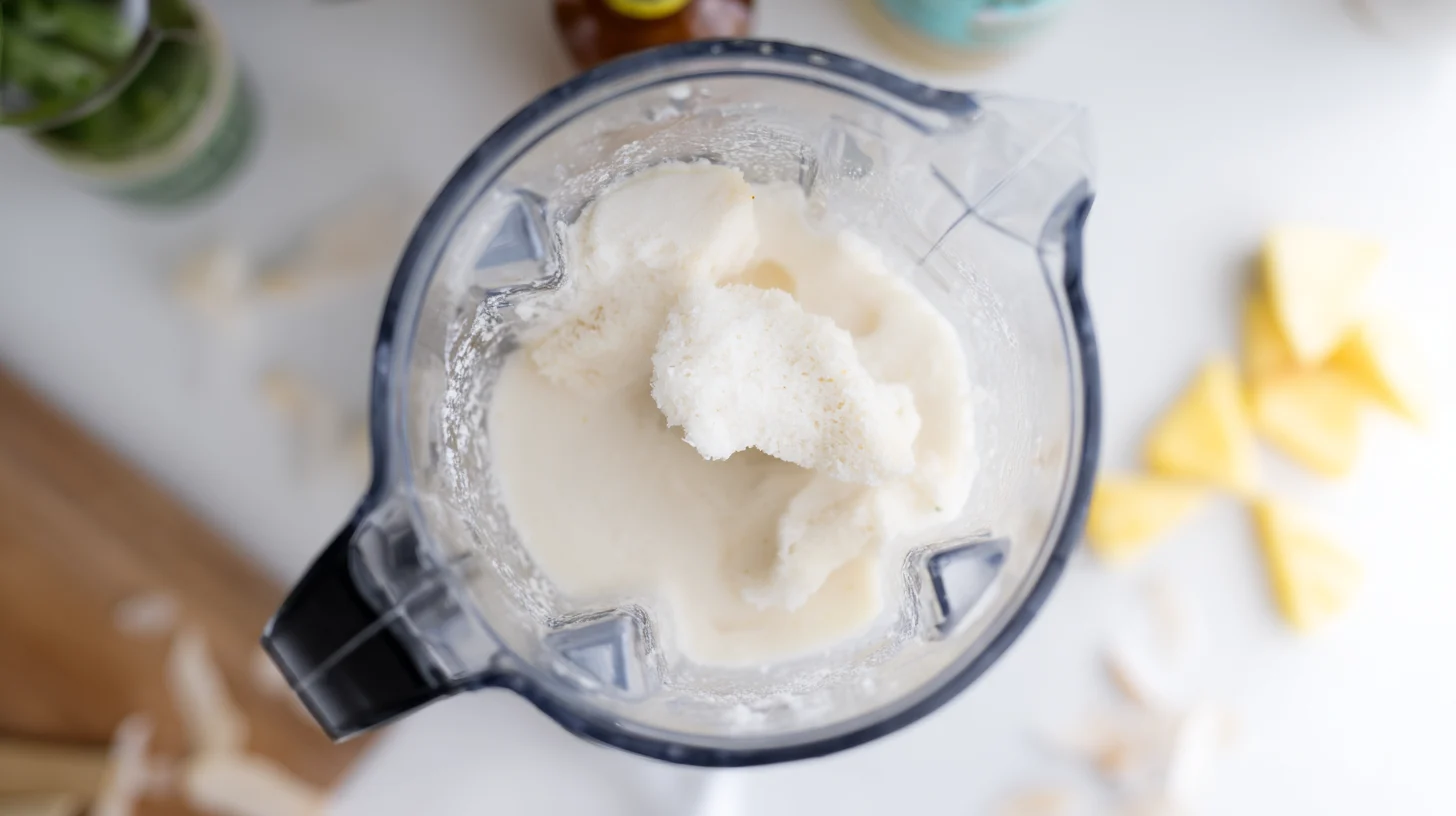 blend-base-ocean-love-colada Blending coconut rum, pineapple juice, and coconut cream for Ocean Love Colada Recipe Easy