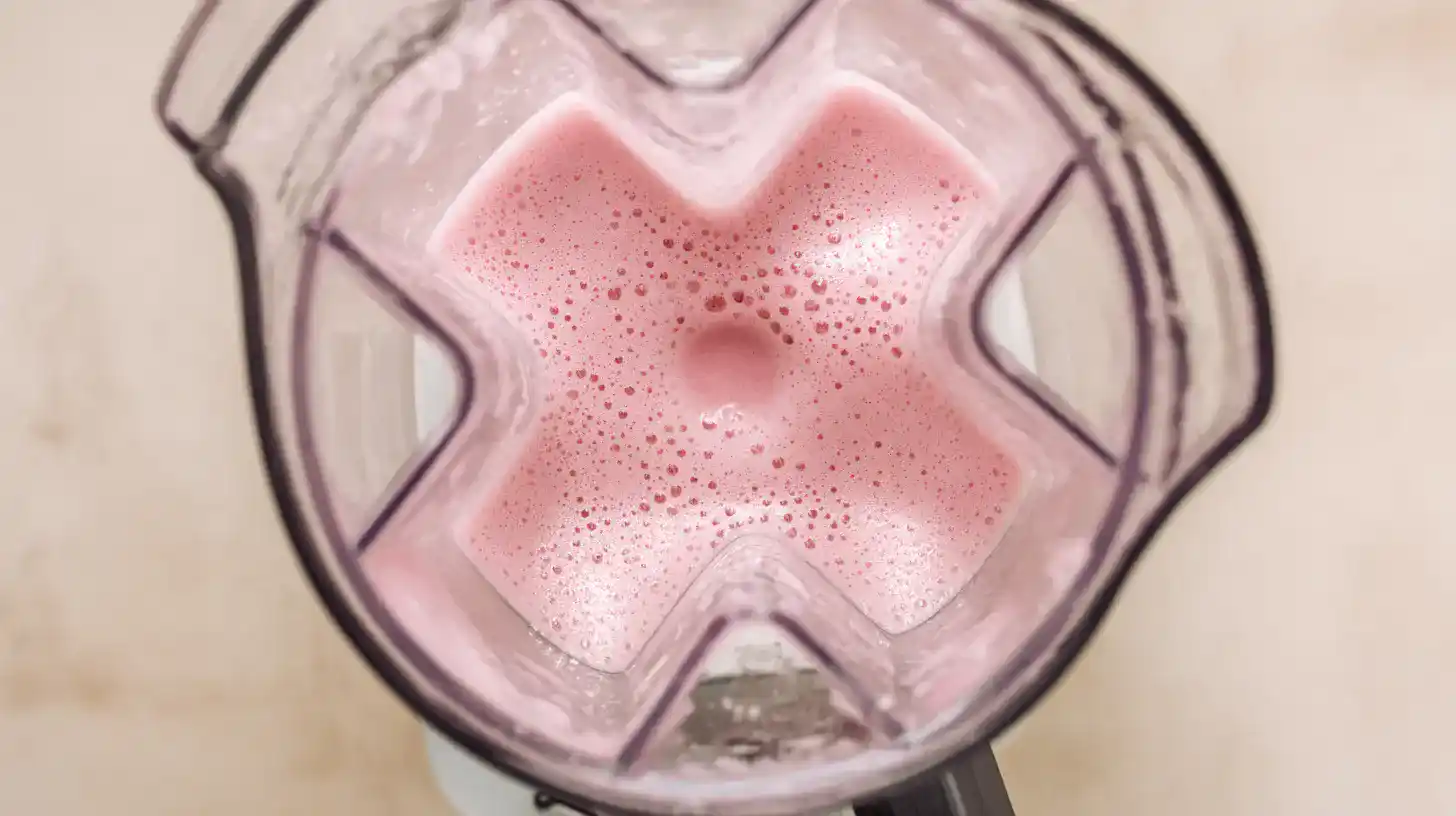 blending-Summer-strawberry-candy-shake blending pink Summer Strawberry Candy Shake in blender