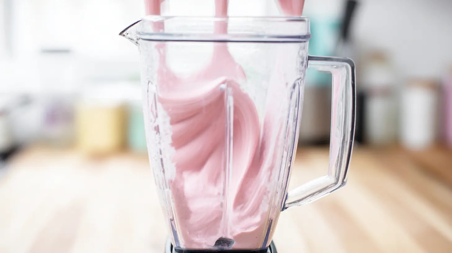 blending-strawberry-cheesecake-protein-shake Blending strawberry cheesecake protein shake in blende