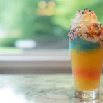 Caribbean Cloud Candy Cocktail layered in a tall glass with whipped cream