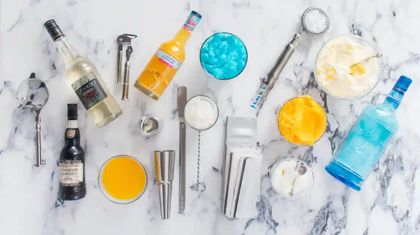 caribbean-cocktail-ingredients-display Caribbean Cloud Candy Cocktail ingredients arranged for blending