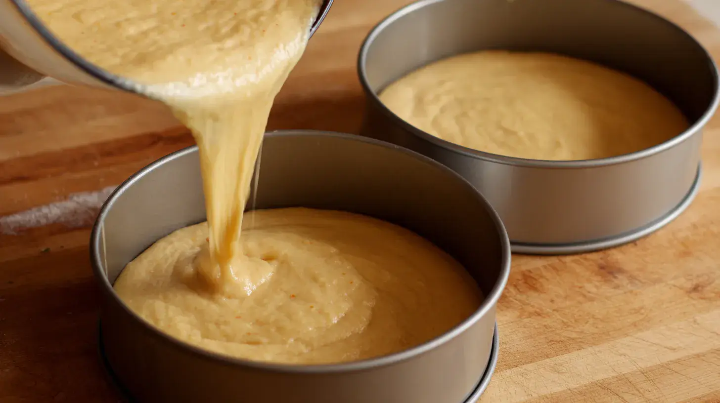 carrot-cake-batter-in-pans Carrot pineapple cake batter in round baking pans