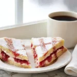 Served fried strawberry cheesecake sandwiches with coffee