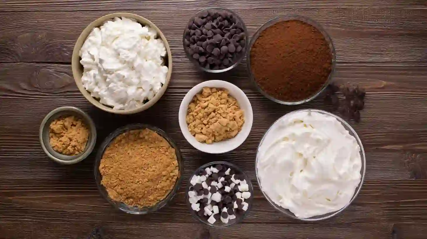 choco-chill-cheesecake-Ice-Cream-Bliss-ingredients ingredients for Choco-Chill Cheesecake Ice Cream Bliss on wooden table