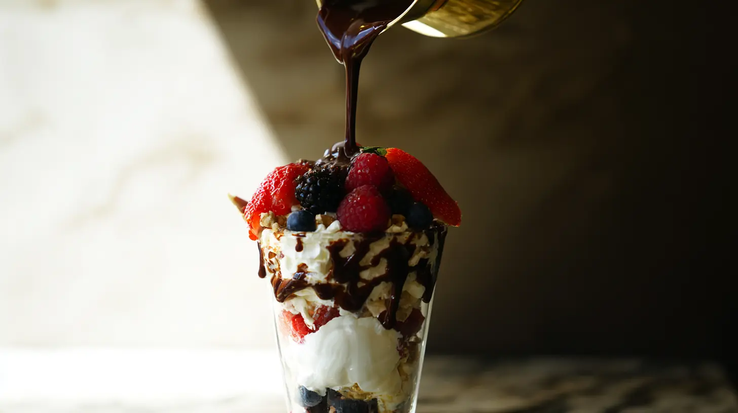 chocolate-drizzle-parfait chocolate syrup drizzled over parfait sundae
