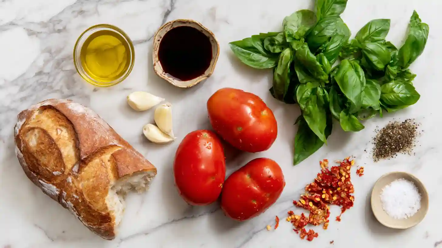 classic-italian-bruschetta-recipe-ingredients Ingredients for classic Italian bruschetta recipe laid out flat