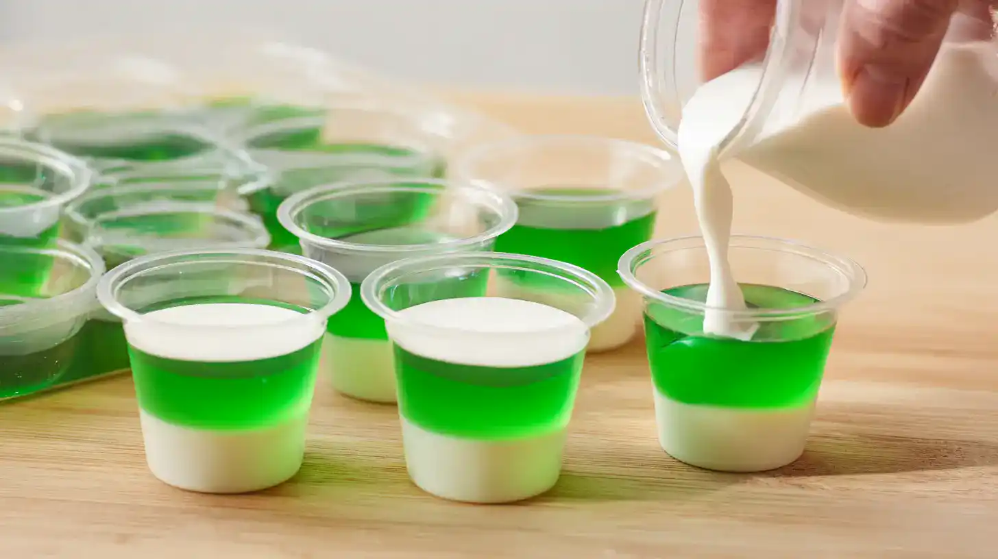 coconut-layer-poured-over-jello Pouring coconut cream layer over set lime gelatin