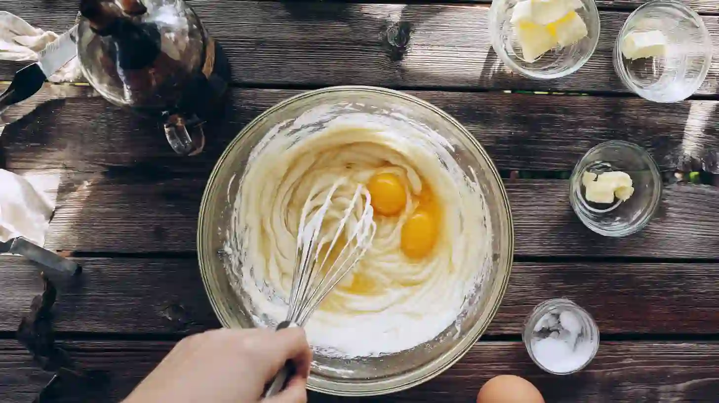 combine-wet-ingredients-pancake-recipe Whisking egg, milk, butter, and vanilla for pancake recipe