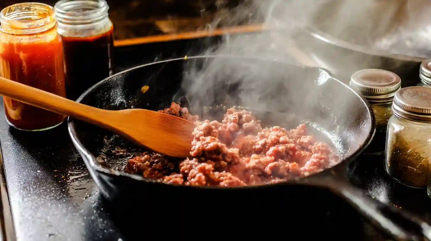 cook-meat-pizzagna-italian-fusion Browning Italian sausage in a skillet with pizza sauce and spices