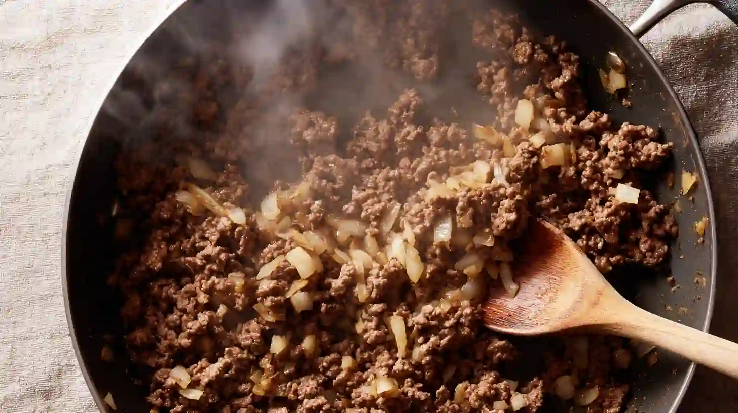 cooking-beef-onion-tater-tots Ground beef and onions cooking in a skillet for tater tots