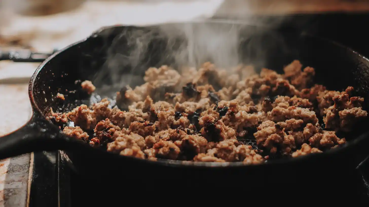 cooking-breakfast-sausage-step2 breakfast sausage cooking in skillet for pancake bake