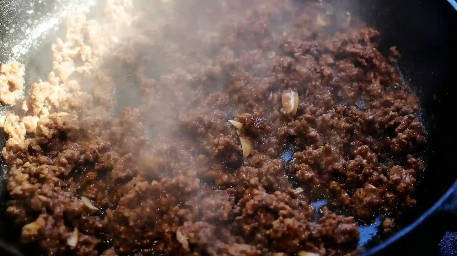 cooking-ground-beef-garlic-pasta Cooking ground beef with garlic in skillet for creamy pasta