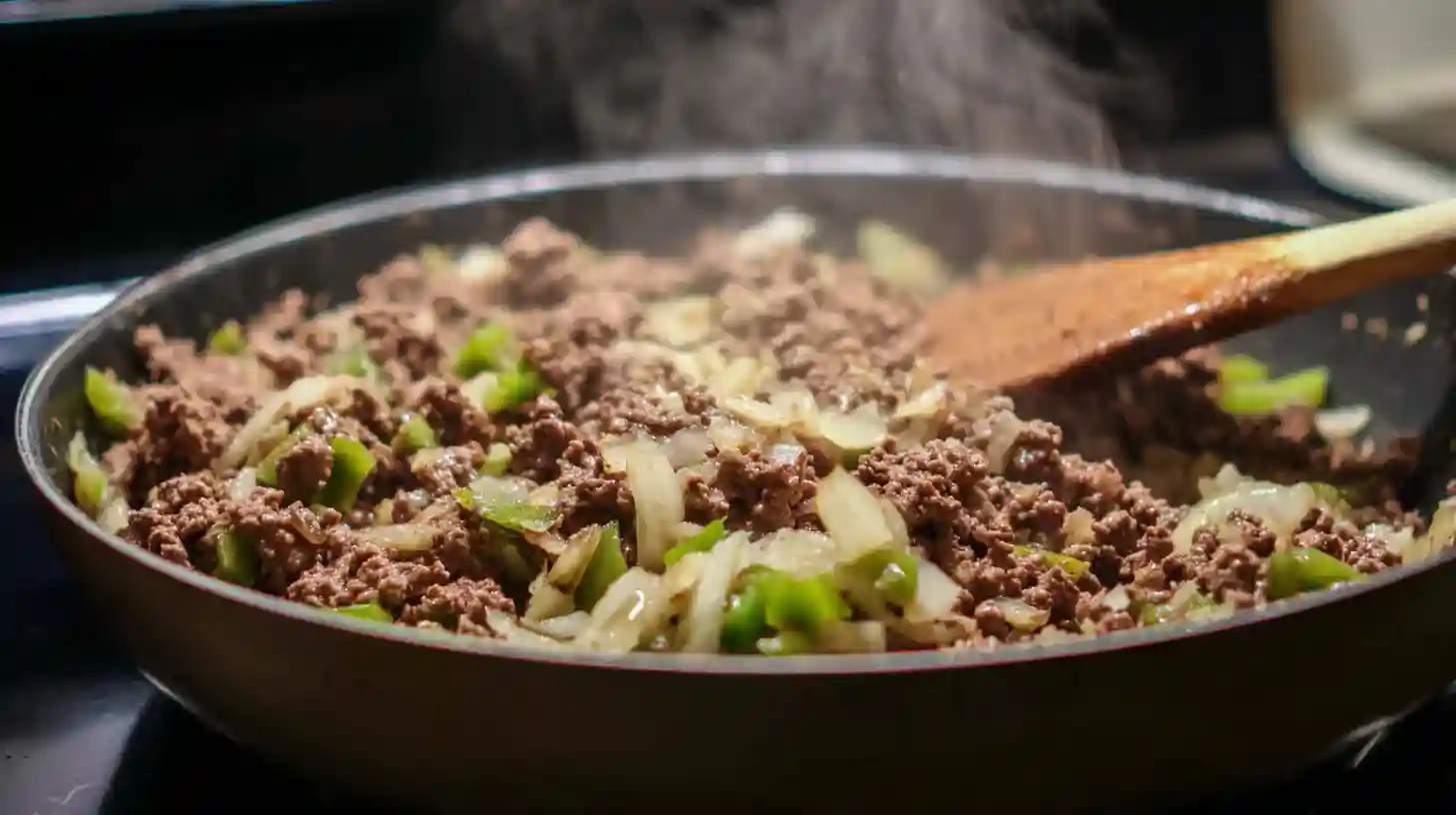 cooking-taco-filling-egg-rolls cooking beef and peppers for egg roll filling